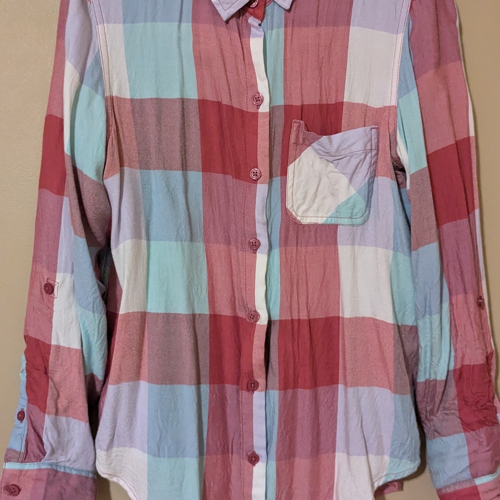 Time & Tru Rose Pink and Blue Plaid Shirt